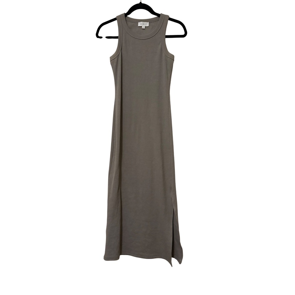 Mable Taupe‎ Grey Ribbed Knit Sleeveless Midi Bodycon Dress Side Slit S